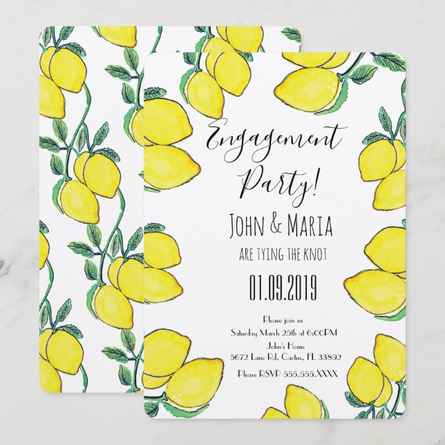 Invitación Fiesta de compromiso con borde de vid de limón acu (Anverso / Reverso)