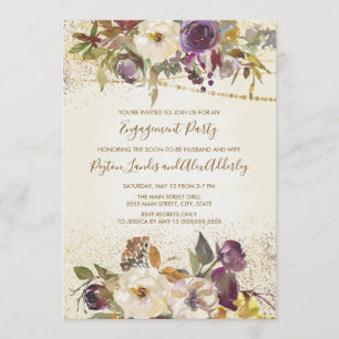 Invitación Fiesta de compromiso con brillo floral crema marfi