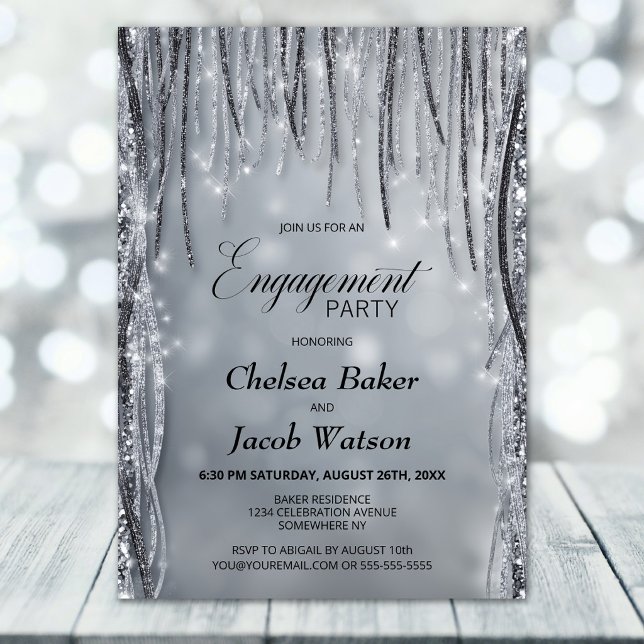 Invitación Fiesta de compromiso con brillo negro y plata (Subido por el creador)
