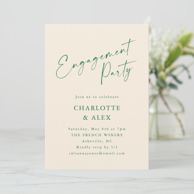 Invitación Fiesta de compromiso con caligrafía verde marfil e (Anverso de pie)