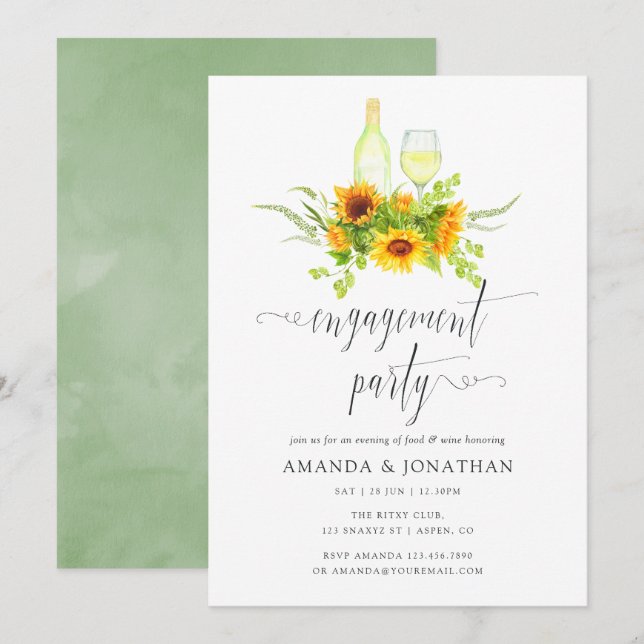 Invitación Fiesta de compromiso con cata de vino de girasoles (Anverso / Reverso)
