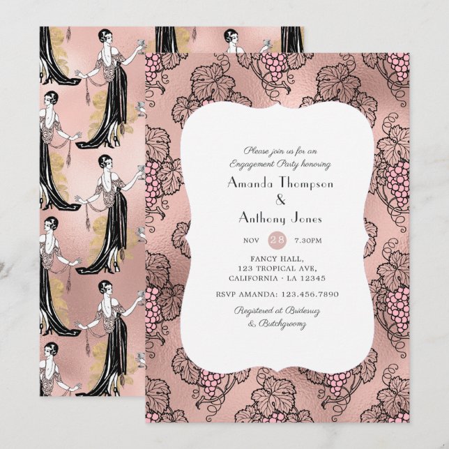 Invitación Fiesta de compromiso con cata de vino en rosa oro  (Anverso / Reverso)