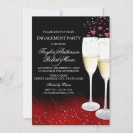 Invitación Fiesta de compromiso con champán y corazones rojos