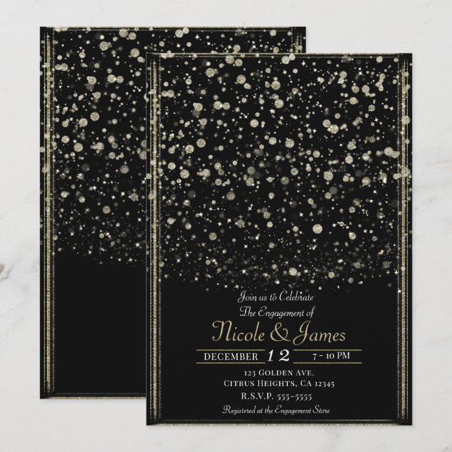Invitación Fiesta de compromiso con confeti salpicado dorado  (Anverso / Reverso)