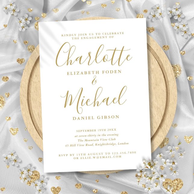 Invitación Fiesta de compromiso con elegante letra dorada Sig (Elegant Signature Gold Script Engagement Party Invitation)