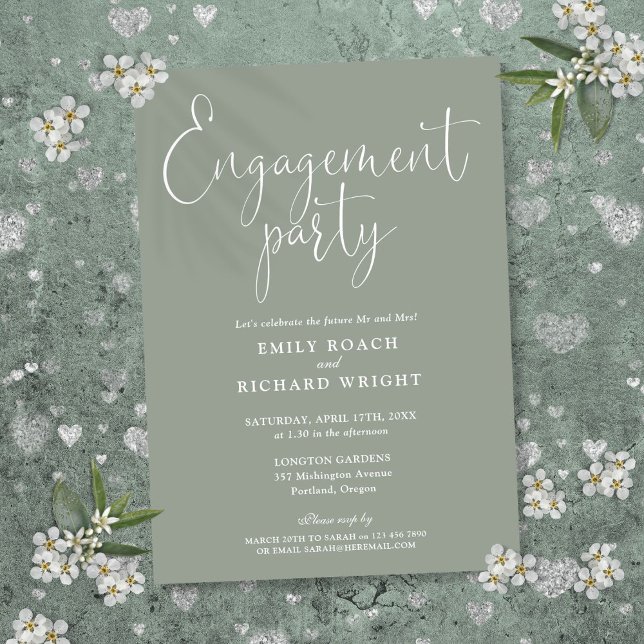 Invitación Fiesta de compromiso con elegante letra en verde s (Sage Green Elegant Script Engagement Party Invitation)