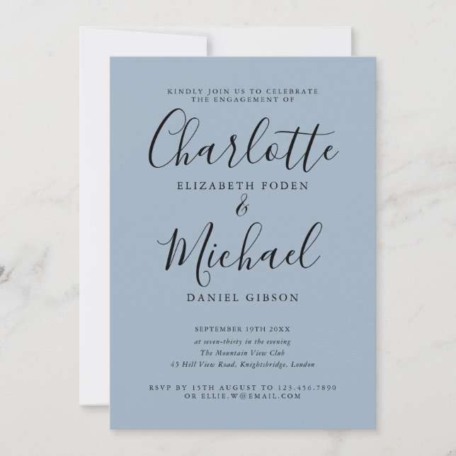 Invitación Fiesta de compromiso con elegante letra script azu (Anverso)