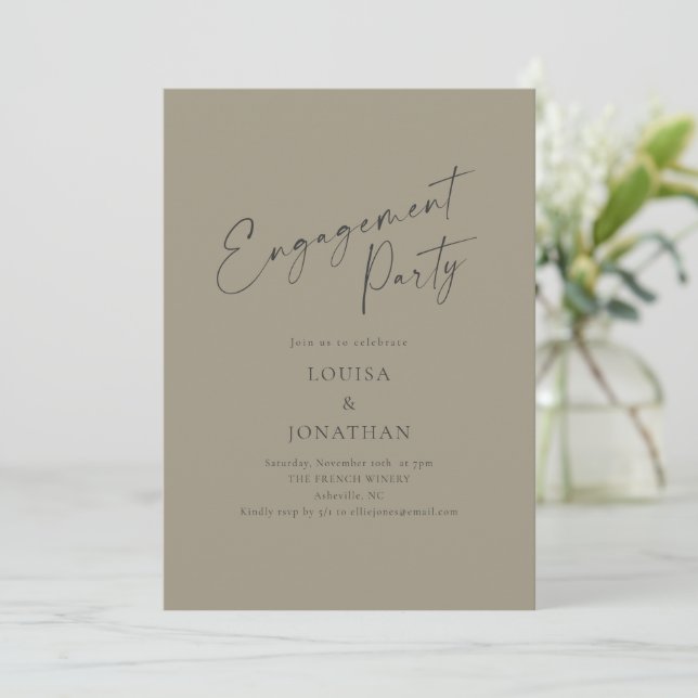 Invitación Fiesta de compromiso con elegante letra script oli (Anverso de pie)