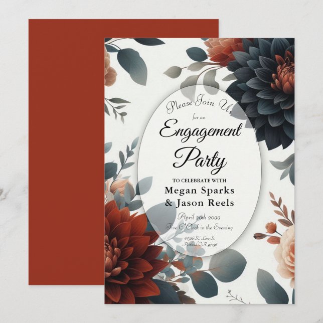 Invitación Fiesta de compromiso con florales otoñales rústico (Anverso / Reverso)