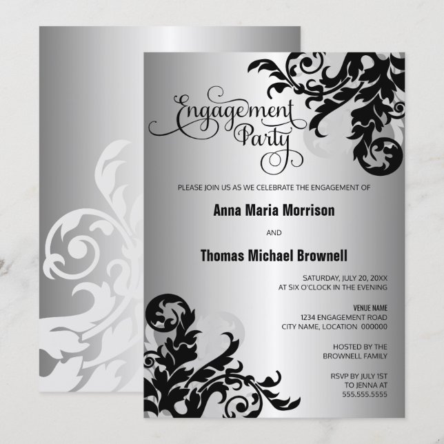 Invitación Fiesta de Compromiso con Floreo de Harina de Plata (Anverso / Reverso)