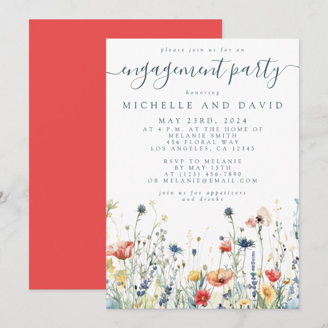 Invitación Fiesta de compromiso con flores silvestres vibrant (Anverso / Reverso)