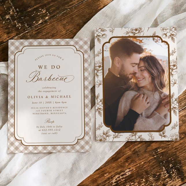Invitación Fiesta de compromiso con foto de barbacoa marrón f (We Do Barbecue photo engagement party invitation with beige gingham and brown details.)