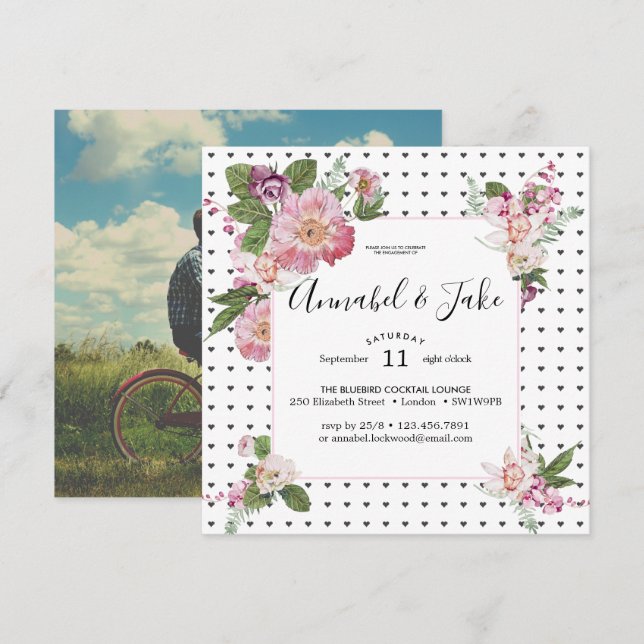 Invitación Fiesta de Compromiso con Foto Floral Retro (Anverso / Reverso)