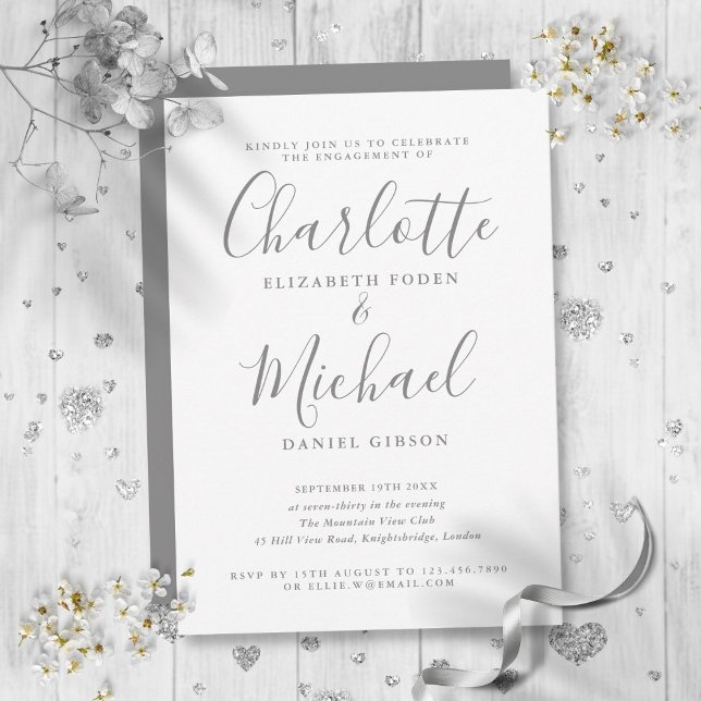Invitación Fiesta de compromiso con guión de firma gris elega (Elegant Gray Signature Script Engagement Party Invitation)