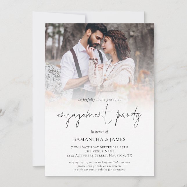 Invitación Fiesta de compromiso con guión de foto QR moderna (Anverso)