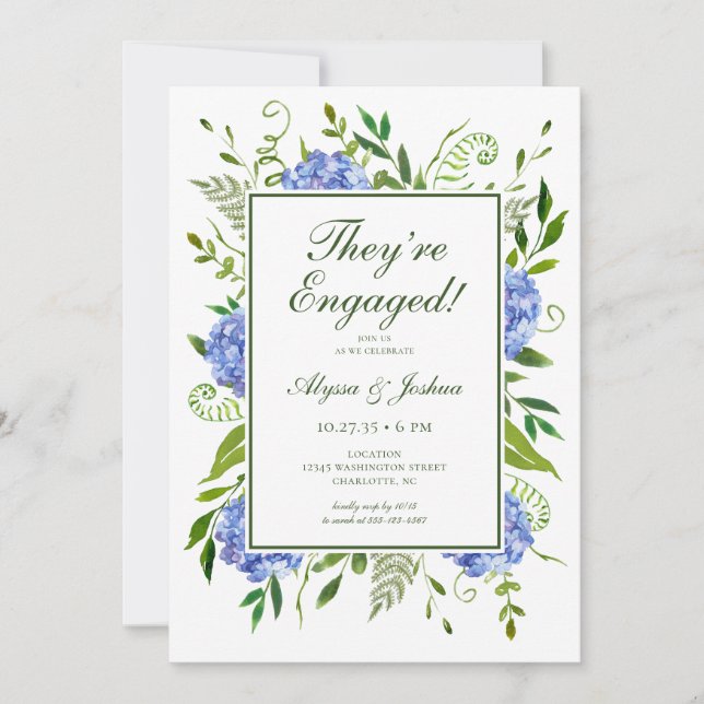 Invitación Fiesta de compromiso con Hortensias Azules (Anverso)