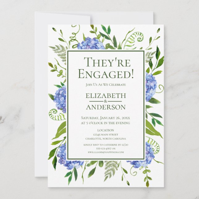 Invitación Fiesta de compromiso con Hortensias Azules (Anverso)