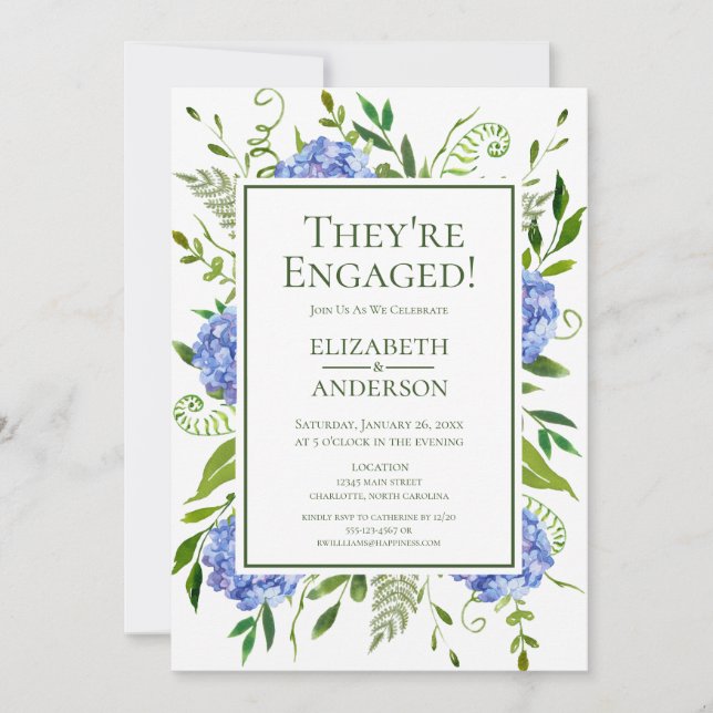 Invitación Fiesta de compromiso con Hortensias Azules (Anverso)