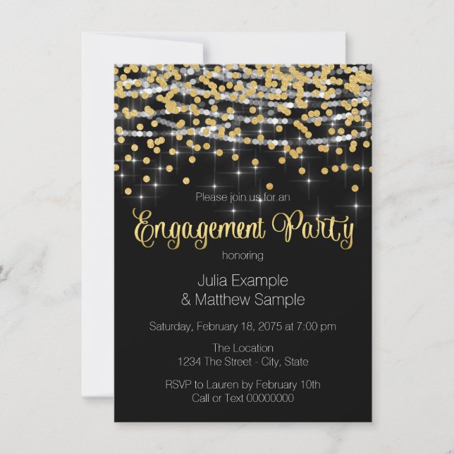 Invitación Fiesta de Compromiso con Luces de Cadena y Confeti (Anverso)