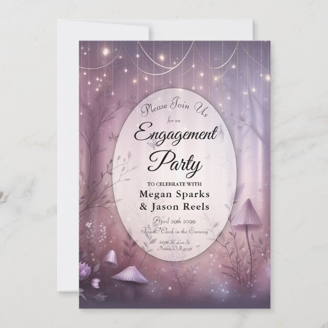 Invitación Fiesta de Compromiso con Luces de Hada de Lavanda  (Anverso)