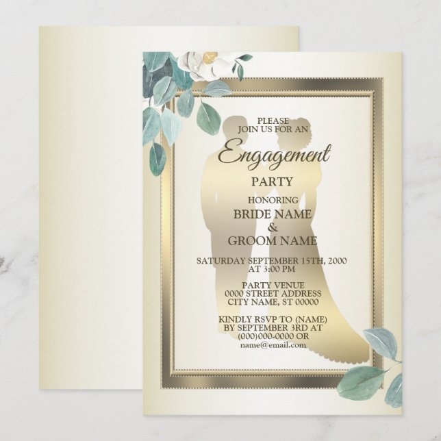 Invitación Fiesta de compromiso con marco dorado de flores de (Anverso / Reverso)