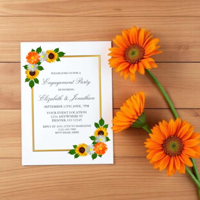 Invitación Fiesta de compromiso con marco dorado floral (Subido por el creador)