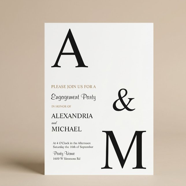 Invitación Fiesta de compromiso con monograma minimalista mod (Subido por el creador)