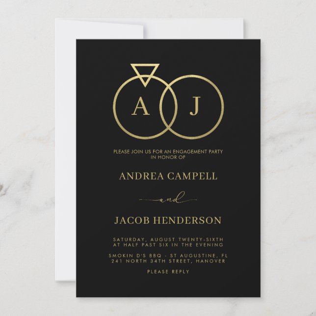 Invitación Fiesta de Compromiso con Monograma Real Negro y Do (Anverso)