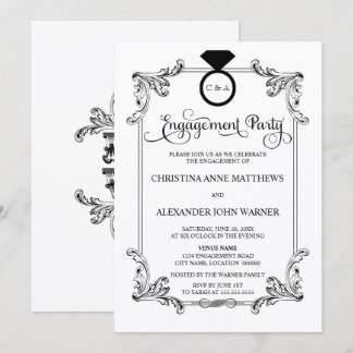 Invitación Fiesta de Compromiso con Ornamento Vintage y Anill