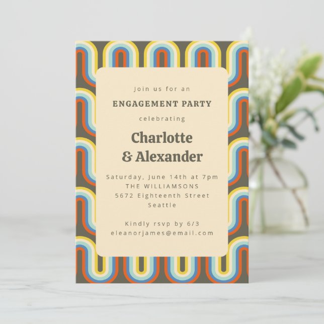 Invitación Fiesta de compromiso con patrón de oliva retro gen (Anverso de pie)