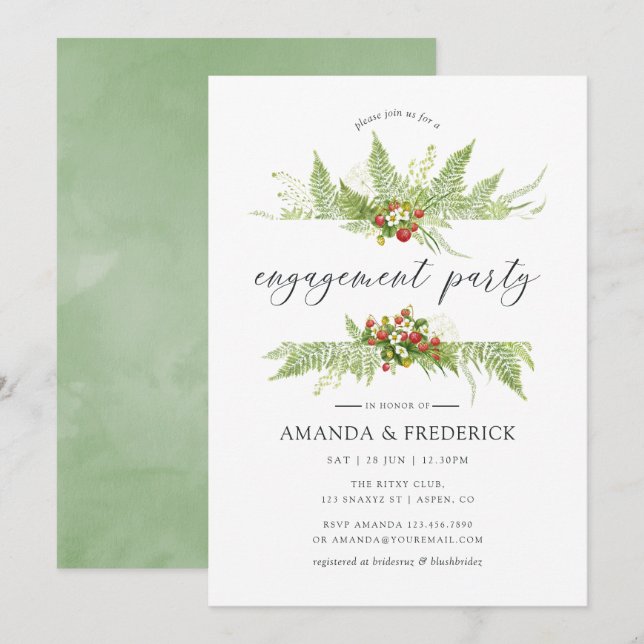 Invitación Fiesta de compromiso con vegetación en acuarela (Anverso / Reverso)