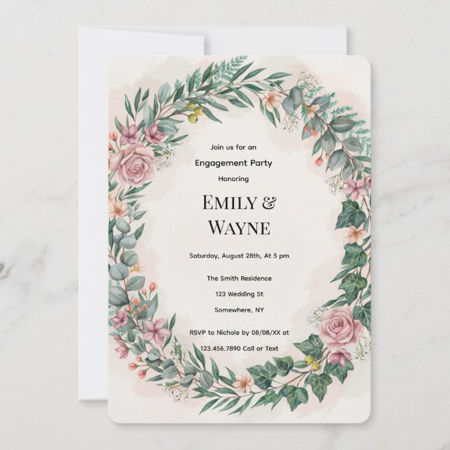 Invitación Fiesta de Compromiso con Verdor y Flores Rosadas (Anverso)