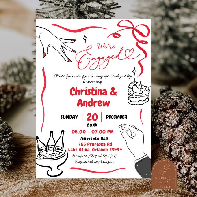 Invitación Fiesta de compromiso Coquette Rojo Dibujado a Mano (Subido por el creador)
