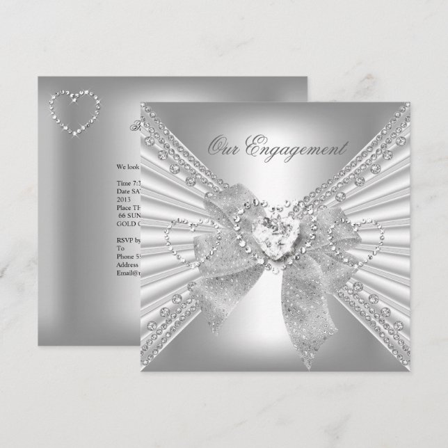 Invitación Fiesta de Compromiso Corazón de Diamante Blanco Ar (Anverso / Reverso)