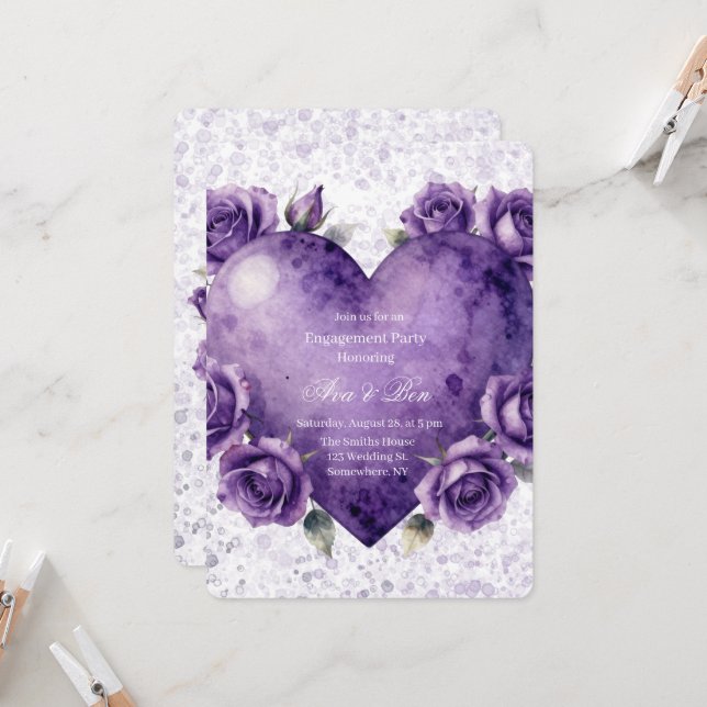 Invitación Fiesta de Compromiso Corazón y Rosas con Pintura M (Anverso/Reverso In Situ)