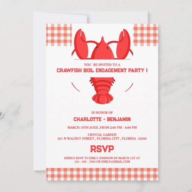 Invitación Fiesta de Compromiso Cute Crawfish Boil (Anverso)