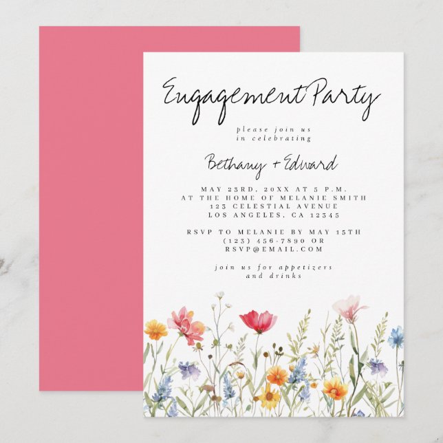 Invitación Fiesta de compromiso de acuarela de flores silvest (Anverso / Reverso)
