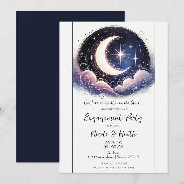 Invitación Fiesta de compromiso de Acuarela de Luna Escrita e (Anverso / Reverso)
