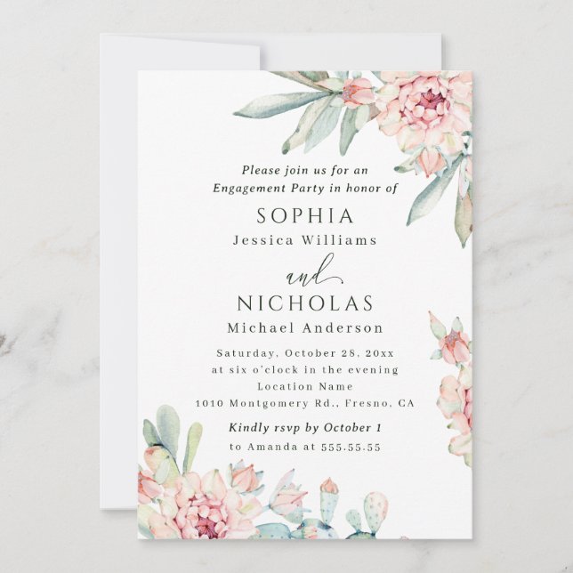 Invitación Fiesta de compromiso de acuarela floral. Botánica  (Anverso)