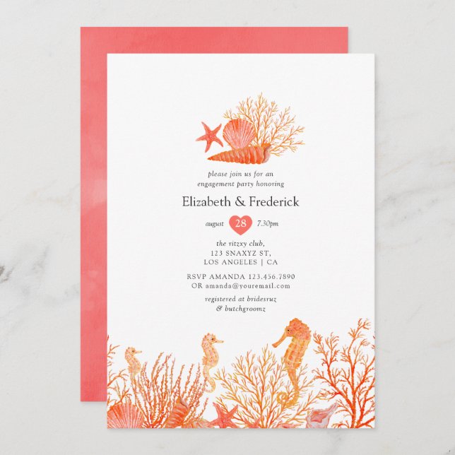 Invitación Fiesta de compromiso de acuarela Living Coral Beac (Anverso / Reverso)