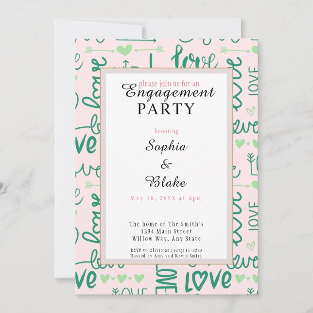 Invitación Fiesta de compromiso de amor rosa y negro moderno  (Anverso)