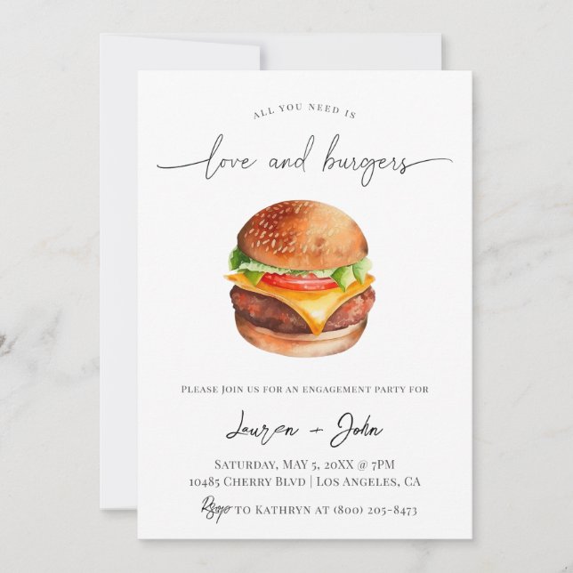 Invitación Fiesta de compromiso de amor y hamburguesas (Anverso)
