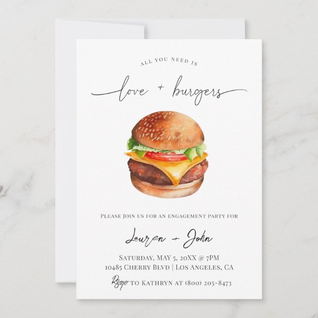 Invitación Fiesta de compromiso de amor y hamburguesas (Anverso)