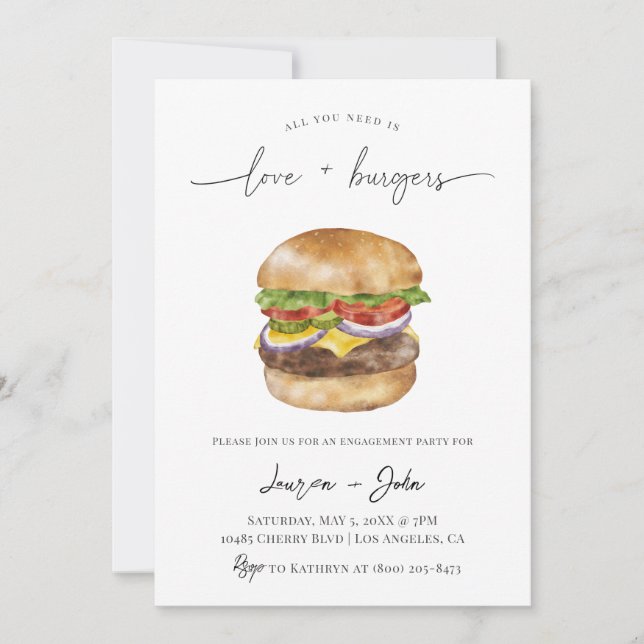 Invitación Fiesta de compromiso de amor y hamburguesas (Anverso)