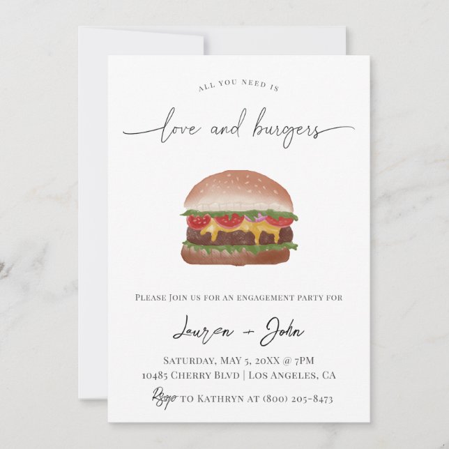 Invitación Fiesta de compromiso de amor y hamburguesas (Anverso)