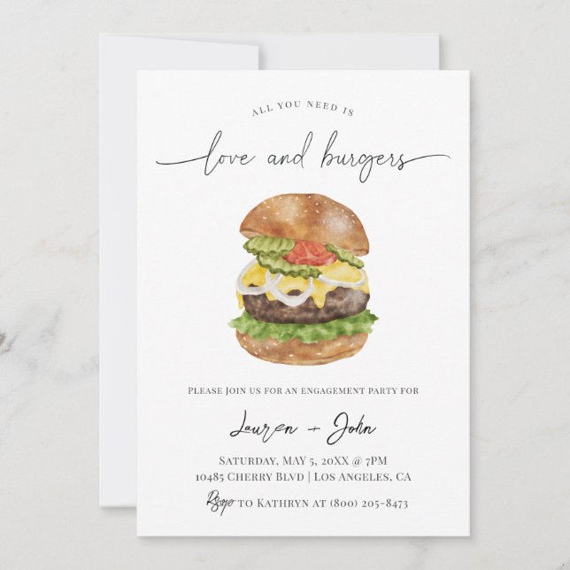 Invitación Fiesta de compromiso de amor y hamburguesas (Anverso)