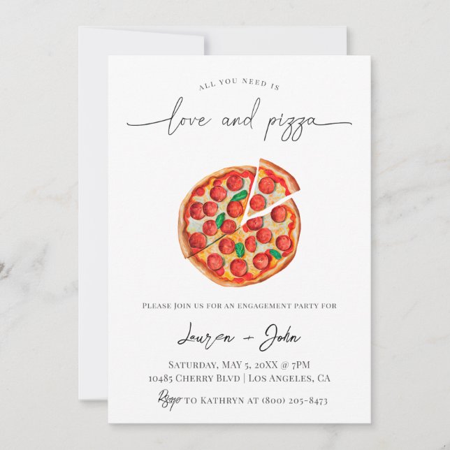 Invitación Fiesta de compromiso de amor y pizza (Anverso)