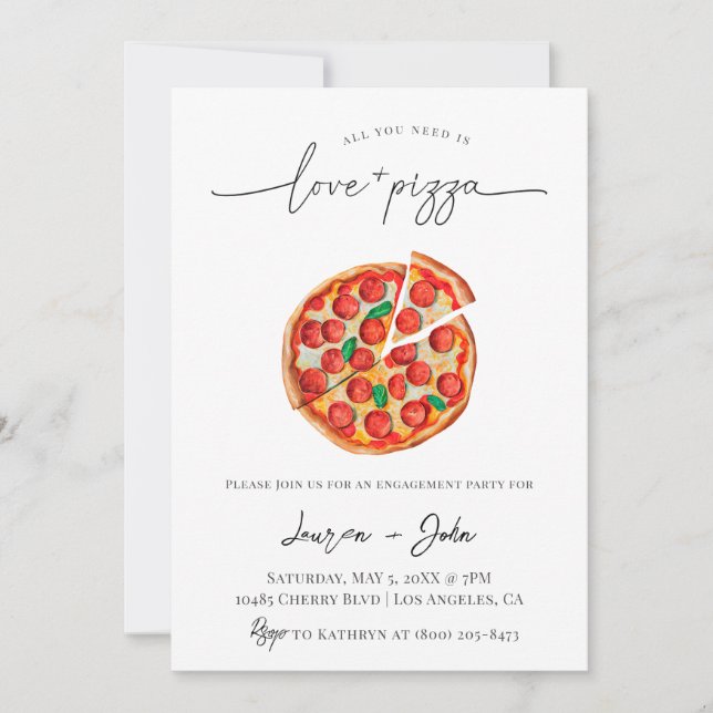 Invitación Fiesta de compromiso de amor y pizza (Anverso)