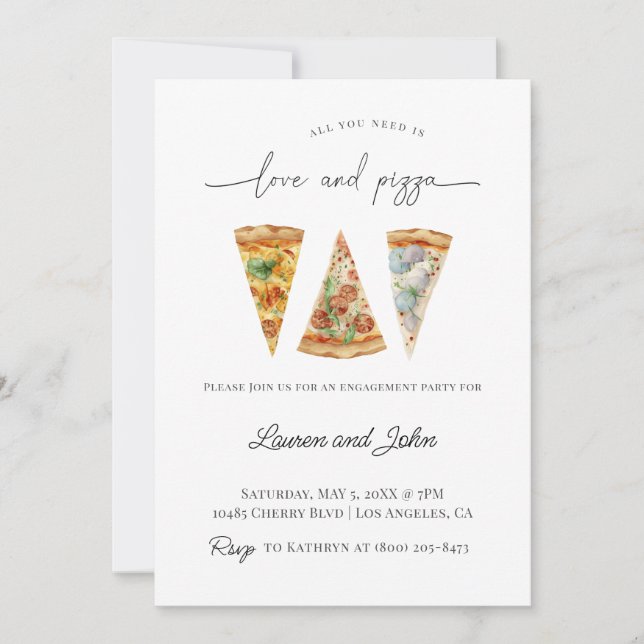 Invitación Fiesta de compromiso de amor y pizza (Anverso)
