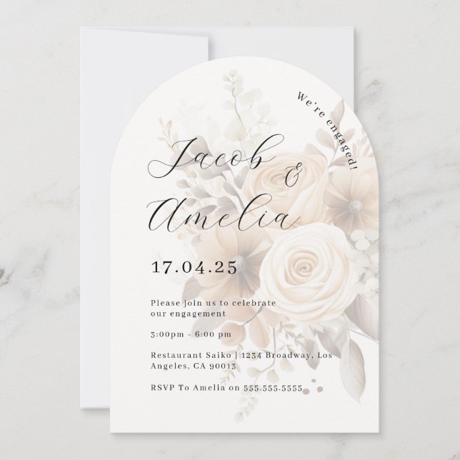 Invitación Fiesta de compromiso de arco floral moderno boho (Anverso)
